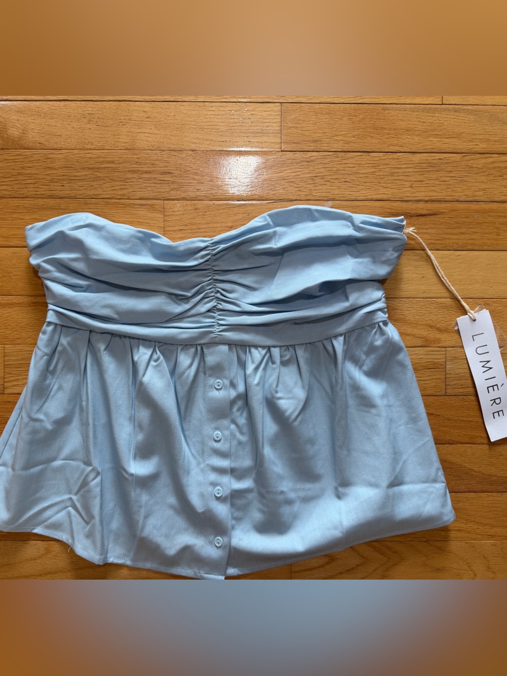 Lumiere Pale Blue Strapless Ruching Button-Front Crop Top